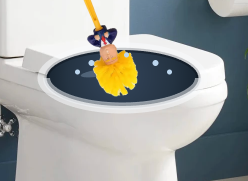 Brush scrubbing head-first inside the toilet bowl, close up