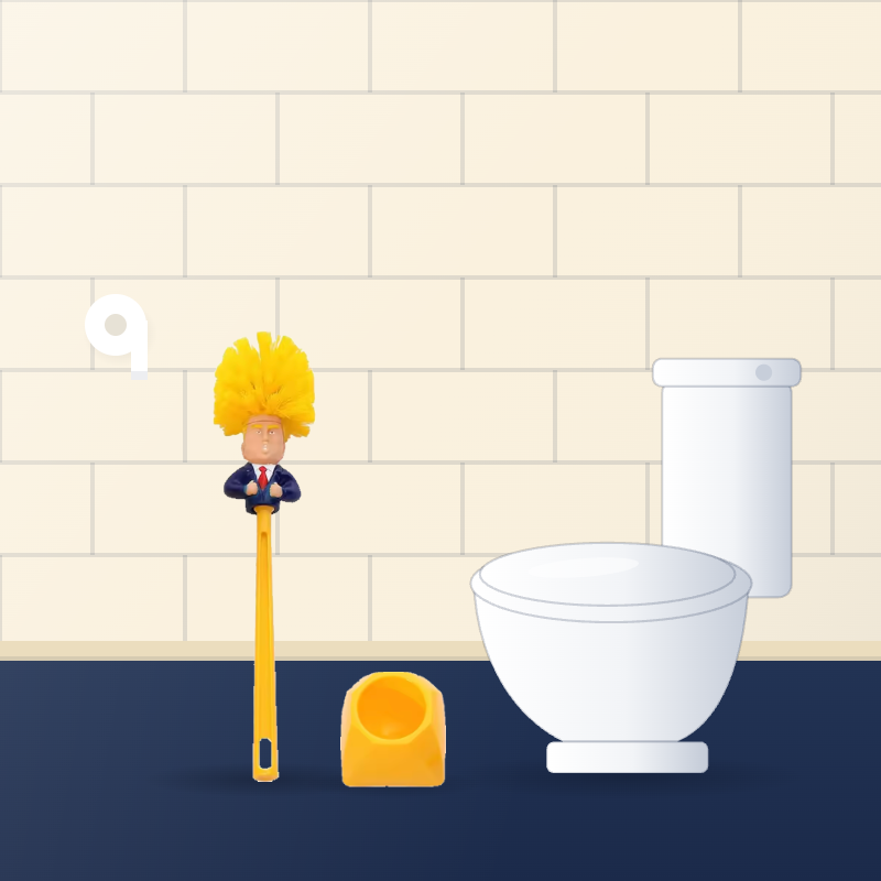 Brush standing in a bathroom next to a toilet