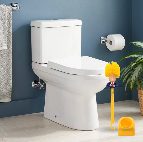 Brush standing in a real bathroom next to a toilet
